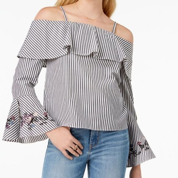 🔺️BCX Striped Off Shoulder Embroidered Floral Bell Sleeve Top Small - Picture 2 of 12